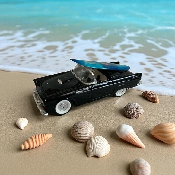 1955 Ford Thunderbird Black Die-Cast Model Car Dolphins Surfboard Rare - Picture 1 of 4